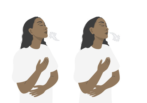 Woman standing and do breathing exercise for two part of breath in and breath out in flat vector illustration.