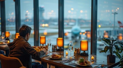 Vibrant Airport Dining Experience: Traveler Enjoying Meal by Runway View Windows