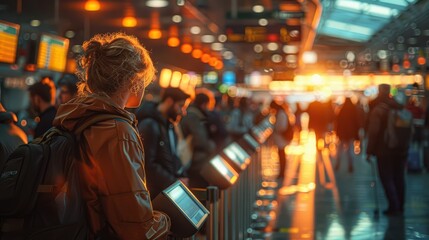 Busy Airport Departure Area with Passengers Queuing, Checking In, and Waiting for Flights