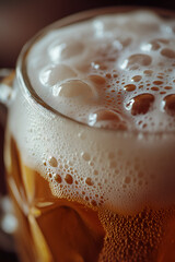 A tall glass filled with golden beer, with a thick layer of foam on top, capturing the essence of refreshment. Ideal for beverage and beer-themed photography.
