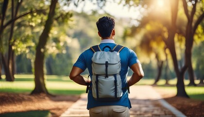 Fototapeta premium The concept of back and spine pain. A man walks in a park carrying a backpack