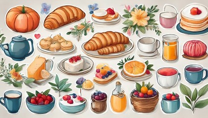 The Farmhouse Brunch digital planner sticker set provides watercolor illustrations to capture the charm of a farmhouse brunch