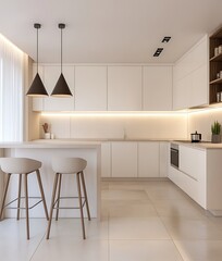 Modern, luxury kitchen with ivory cream built in cabinet, cupboard, kitchen island and white tile splashback in sunlight from glass door for interior