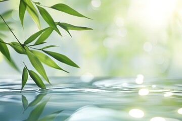 spa background banner with green bamboo leaf on white transparent water wave in sunlight, beautiful concept wallpaper with copy space for travel or cosmetics. Generative Ai