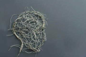 A tangled mass of wire is on a grey background. The wire is twisted and knotted, creating a sense of chaos and disorder. The image evokes a feeling of confusion and disarray