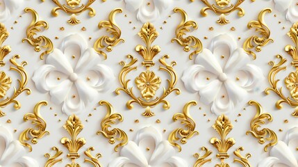 Elegant gold ornament design, intricate patterns on a pristine white backdrop, ideal for seamless wallpaper applications or decorative elements in various projects