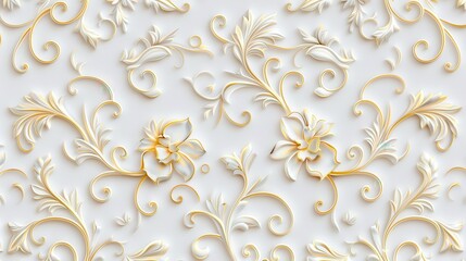 Elegant gold ornament design, intricate patterns on a pristine white backdrop, ideal for seamless wallpaper applications, vector graphics for versatile use in decor and design.