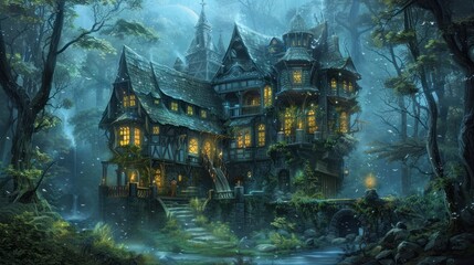 Obraz premium Enchanting Medieval Manor in a Misty Forest.