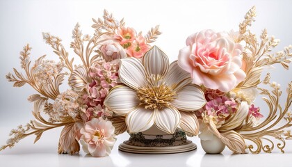 Obraz premium The romantic celebration is decorated with valuable ornaments and vintage floral elegance set against a white background.