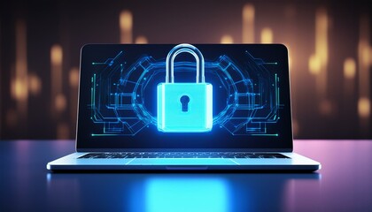 The screen of a laptop has a hologram lock icon for cybersecurity protection. 3D rendering