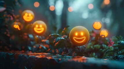 Glowing Jack o Lanterns in Autumn Woodland with Festive Atmosphere