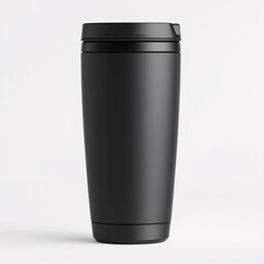 Travel tumbler mockup with a matte black finish soft-touch surface and ergonomic design