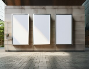 This 3D rendering shows three billboards on a modern building wall. Ideal for mockups, the setting is an indoor setting with a clean, modern design.