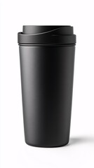 Travel tumbler mockup with a matte black finish soft-touch surface and ergonomic design