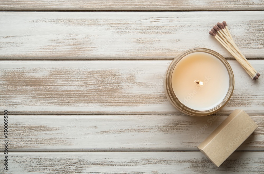 Wall mural Aromatic Candle and Matches on a White Wooden Surface