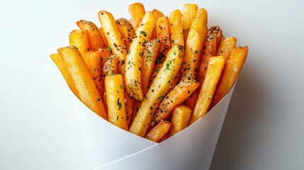 Golden French fries in a white paper cone, isolated on a white background