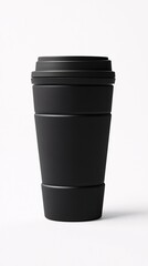 Travel tumbler mockup with a matte black finish soft-touch surface and ergonomic design