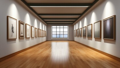Fototapeta premium This is a 3D rendering of a corridor wall with blank posters, hardwood floors and a concept of an art gallery.