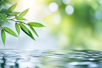 spa background banner with green bamboo leaf on white transparent water wave in sunlight, beautiful concept wallpaper with copy space for travel or cosmetics. Generative Ai
