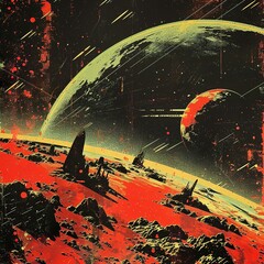Dark sci-fi landscape illustration with surrealism added and vintage style