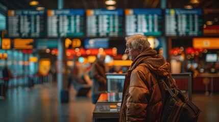 Lost Elderly Man Seeking Directions at Airport Information Desk - Hyper Realistic Color Image