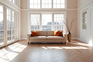 Zeitlose Eleganz: Minimalistisches Wohnzimmer einer Stadtvilla mit urbanem Ausblick.