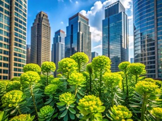 Fototapeta premium A diminutive Cushion Spurge stands tall amidst the towering skyscrapers, its delicate petals shining like a beacon of serenity in the urban jungle.