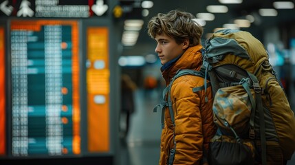 Obraz premium Excited Young Man at Airport Terminal Checking Flight Departure Board
