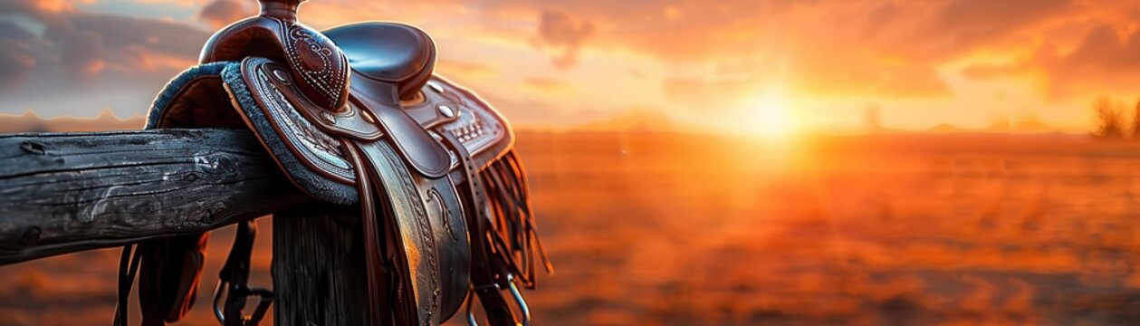 Horse saddle on a fence post, rustic and worn, Vintage, Warm tones, Photograph, Equestrian detail