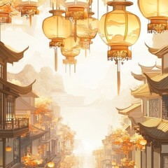 Vibrant Mid-Autumn Festival Cityscape: Illuminated Streets with Lanterns and Traditional Decorations. Abstract Chinese Holiday Celebration Design for Marketing, UI, and Digital Media. Elegant Urban Ni