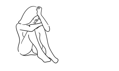 Depressed girl continuous line art drawing isolated on white background. Psychology. Mental helth. Vector illustration