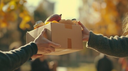 Hands exchanging a Thanksgiving meal box filled with food items at a community drive in soft...