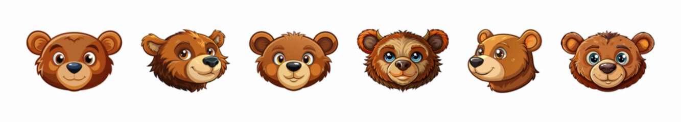 Set of brown toy bear faces with big eyes and smiles, isolated on a white background. Cute plush bear heads. Concept of kids toys, childhood, fun, games, playtime. Prints, icons, design elements
