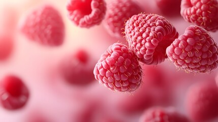 Fresh ripe raspberries on soft pink background, macro photography, vibrant red fruit, crisp details, shallow depth of field, floating berries, food photography.