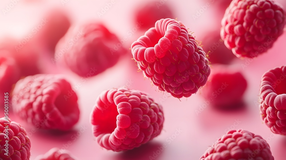 Wall mural Fresh ripe raspberries on soft pink background, macro photography, vibrant red fruit, crisp details, shallow depth of field, floating berries, food photography.