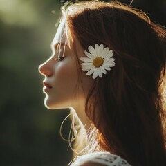 Serenity in Nature: Woman with Daisy in Her Hair