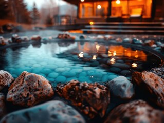 Hot spring surrounded by rocks and steam, natural and tranquil, Nature, Warm tones, Photograph, Relaxing retreat