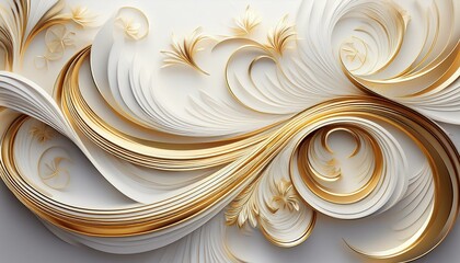 With intricate gold motifs and an elegant white color scheme, this wallpaper features a modern, 3D abstract design.