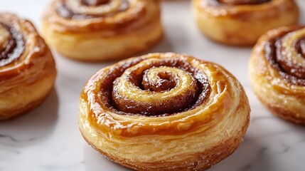 Freshly baked cinnamon rolls, golden brown swirls, flaky pastry texture, caramelized sugar glaze, white marble countertop, food photography, warm tones.