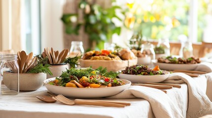 Fototapeta premium Sustainable Thanksgiving dinner table featuring a plant-based feast with reusable decor and an inviting atmosphere