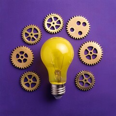 Yellow light bulb and gears on purple background, concept of ideas and creativity