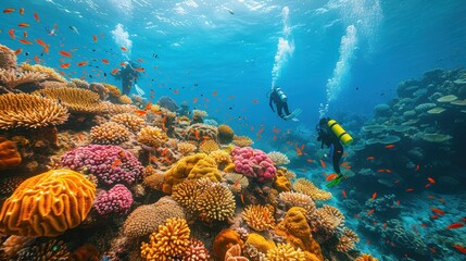 Crystal Clear Exploration: Aerial View of Snorkelers in Vibrant Tropical Coral Reef with Colorful Marine Life