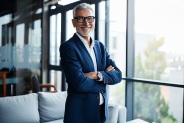 Fototapeta premium A man in a suit and glasses is smiling and standing in front of a window. He is wearing a blue jacket and a white shirt