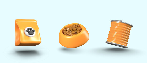 Bag with paw print, aluminum can, bowl with food. Appetizing dishes for pets