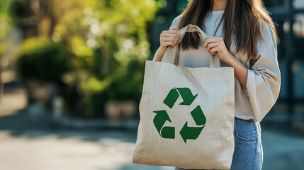 Title: Woman holding eco-friendly tote bag with recycling symbol, sustainable shopping and environmental consciousness concept, reusable canvas bag for zero-waste lifestyle