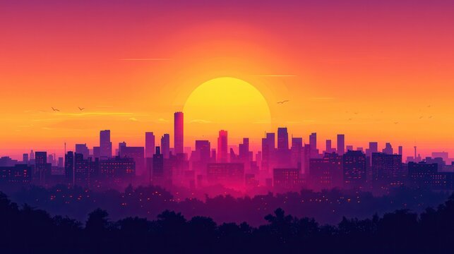 A stunning sunset view over a vibrant city skyline, showcasing a blend of colors and silhouettes of urban architecture.
