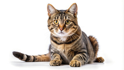 Fototapeta premium Tabby Cat Lying Down and Looking Alert on White Background