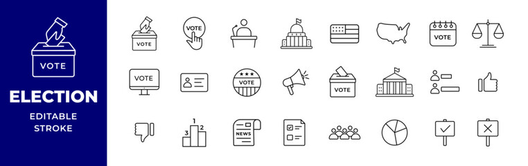 Election and voting icon set. Democracy, vote, politics concept. Lineal icon collection editable stroke vector