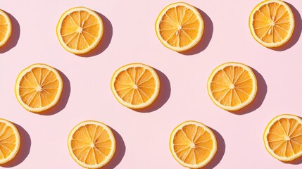 Fototapeta premium A Minimalist Pattern of Dried Lemon Slices with Shadows on a Pink Background, Creating a Simple Yet Striking Visual
