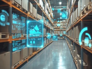 Fototapeta premium Warehouse with Holographic Data Visualization